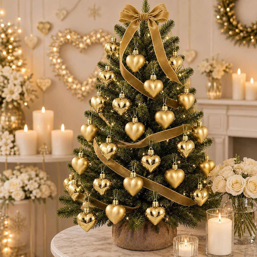 Set of 12 Gold Heart Ornaments for Christmas Valentine Tree Decorations, 1.8 inch Mini Valentines Ornaments for Small Tree, Heart Shaped Plastic Shatterproof Hanging Balls Holiday Party Decor