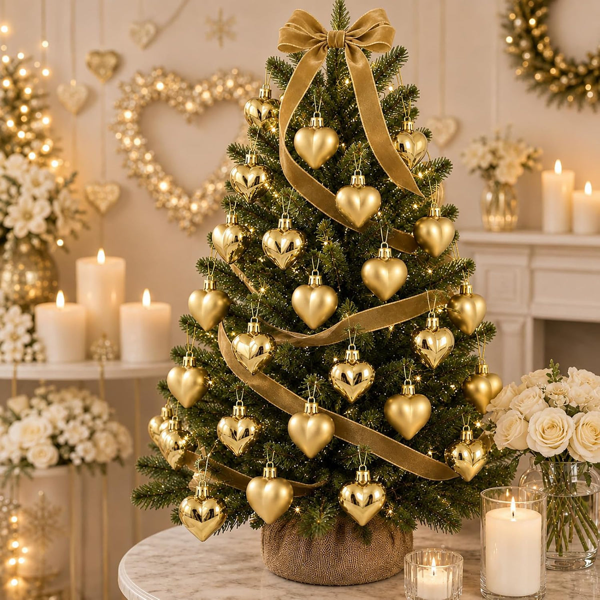 Set of 12 Gold Heart Ornaments for Christmas Valentine Tree Decorations, 1.8 inch Mini Valentines Ornaments for Small Tree, Heart Shaped Plastic Shatterproof Hanging Balls Holiday Party Decor