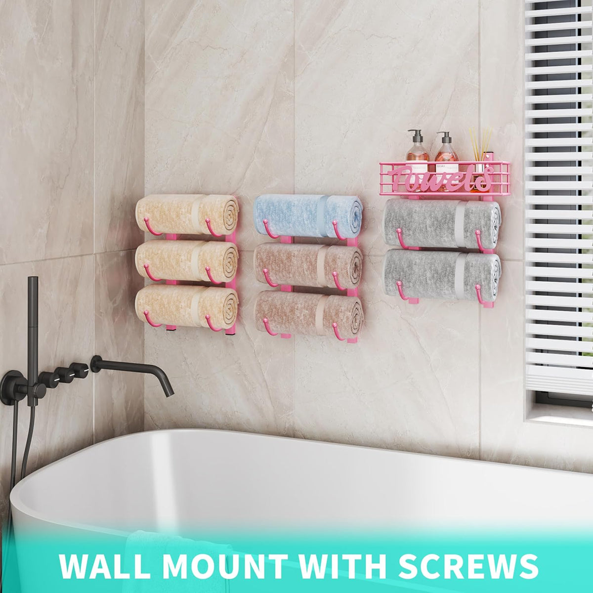 HapiRm Towel Racks for Bathroom Storage - 9 Tier Over The Door & Wall Mount Rolled Towel Storage Organizer Holder with Metal Shelf Basket for Small Bathroom, Camper, Rv - Pink, Patented