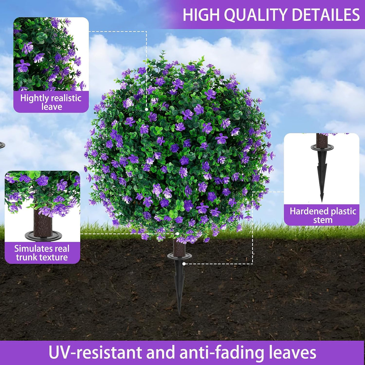 Yangrass 2Pack Artificial Purple Flower Topiary Ball Tree with Ground Spike