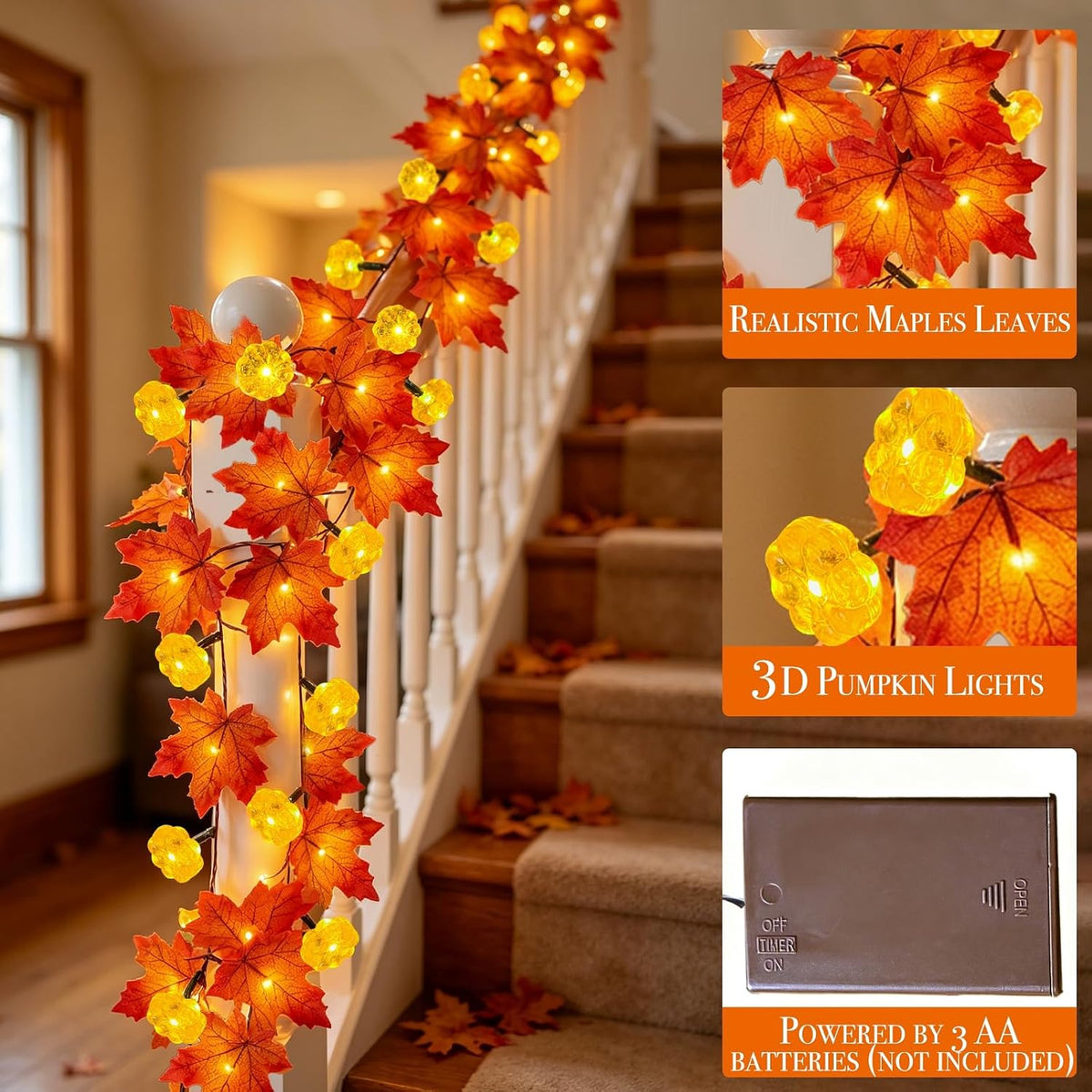 Timer&3 Pack Thanksgiving Decor Fall Garland with Pumpkin Lights 60LED