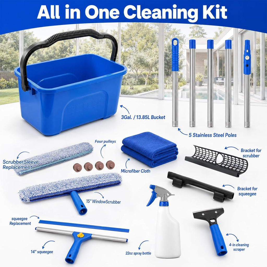Window Cleaning Kit with Extendable Long Handle, Professional Window Squeegee & Window Washer Tool Set for Indoor Outdoor High Windows, Glass, RV & Shower Doors