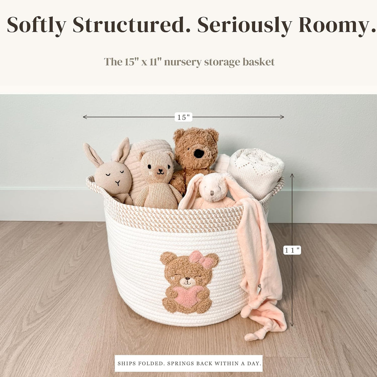 Pink Teddy Bear Baby Storage Basket, Cotton Rope Nursery Bin, 15x11 in