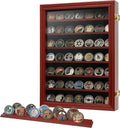 7 Rows Challenge Coin Holder Display Case with HD Tempered Glass Holds 100 coins, Wall-Mountable Military Shadow Box Cabinet with Removable 2-Groove Shelves for Medals and Casino Poker Chips, Mahogany
