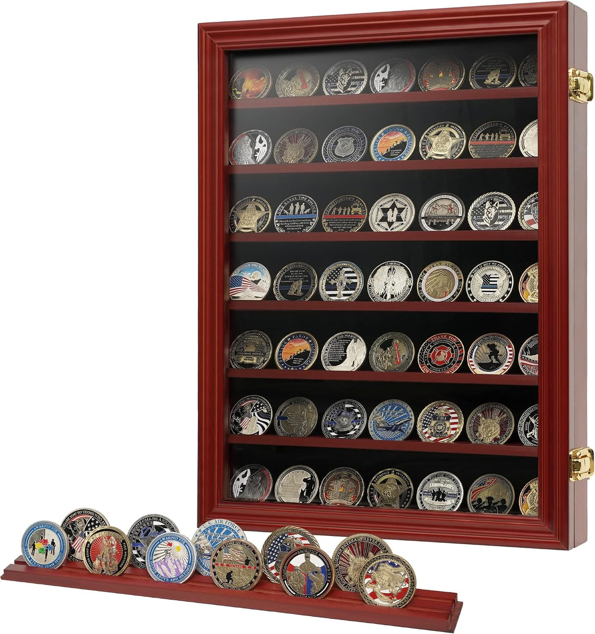 7 Rows Challenge Coin Holder Display Case with HD Tempered Glass Holds 100 coins, Wall-Mountable Military Shadow Box Cabinet with Removable 2-Groove Shelves for Medals and Casino Poker Chips, Mahogany