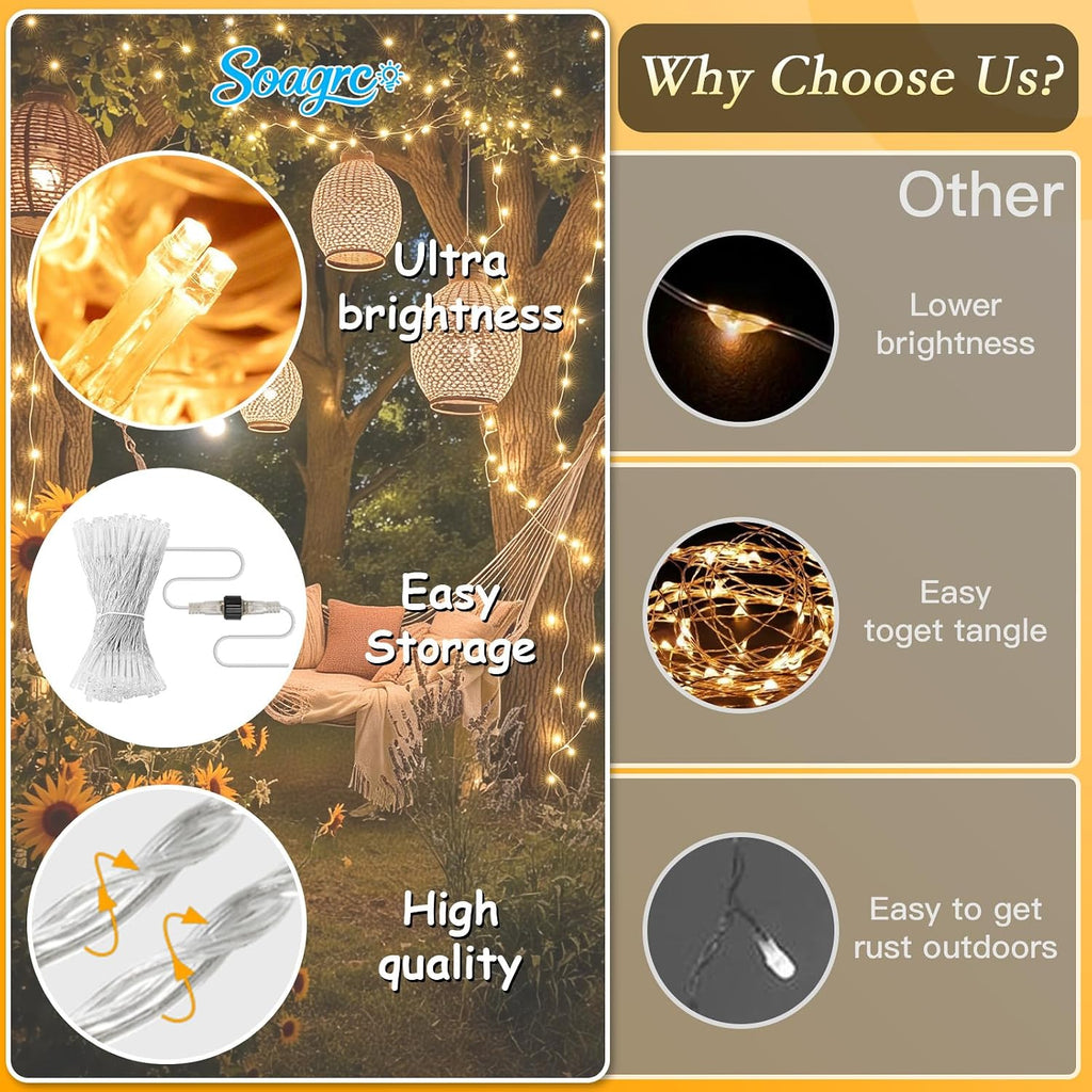66FT 200 LED Warm White String Lights, 8 Modes Fairy Lights with Timer, Waterproof & Durable Indoor Outdoor Decor for Garden, Patio, Party