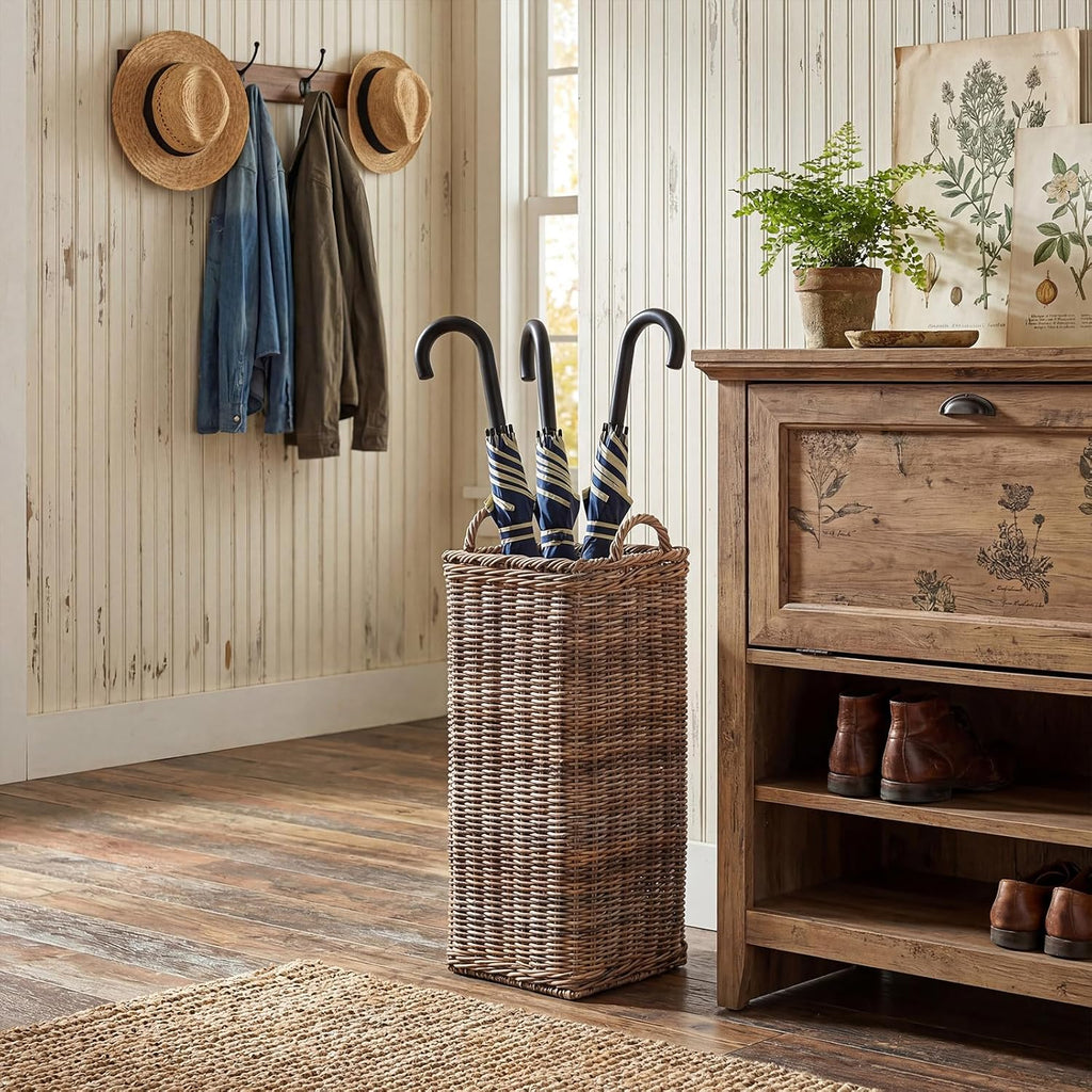 GlikCeil Rattan Umbrella Holder for Entryway 20.5h x 9l x 9w Inch Square Umbrella Stand with Plastic Water Catch, Umbrellas Basket Bucket Fit Walking Cane Tall Umbrellas Storage for Home Office