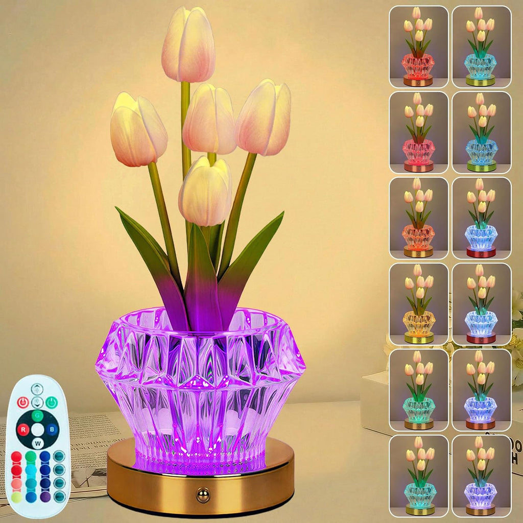 Tulip Table Lamp, 4 Modes 16 Color Changing Acrylic Crystal Night Light with Remote, Rechargeable Touch Artificial Flower Light, Protable Cordless Desk Lamp for Home Decor