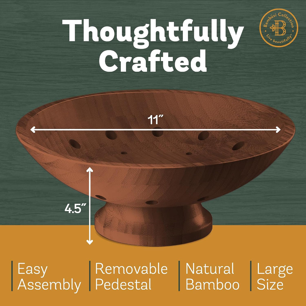 Fruit Bowl for Kitchen Counter - Brown Wooden Fruit Bowl, Latge Fruit Basket with Pedestal Base, Vented Bamboo Fruit Holder for Fruits, Vegetable Storage, Kitchen Countertop Organizer 11 x 4.5 Inches