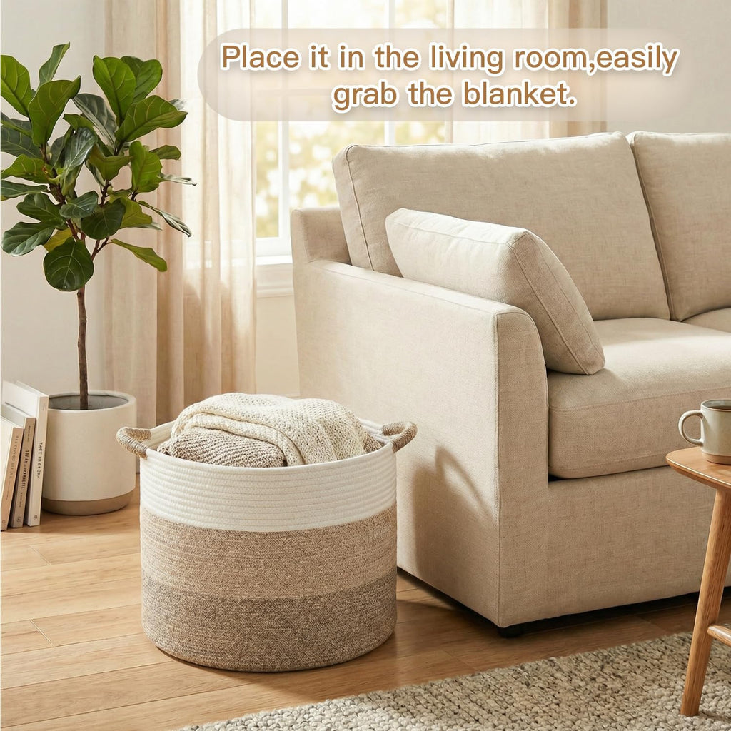 Artfeel 100L Large Cotton Rope Basket, Decorative Woven Blanket Storage for Living Room, Boho Toy Storage & Toy Box for Kids, Versatile Laundry Basket & Nursery Hamper for Blankets(BrownYellow)