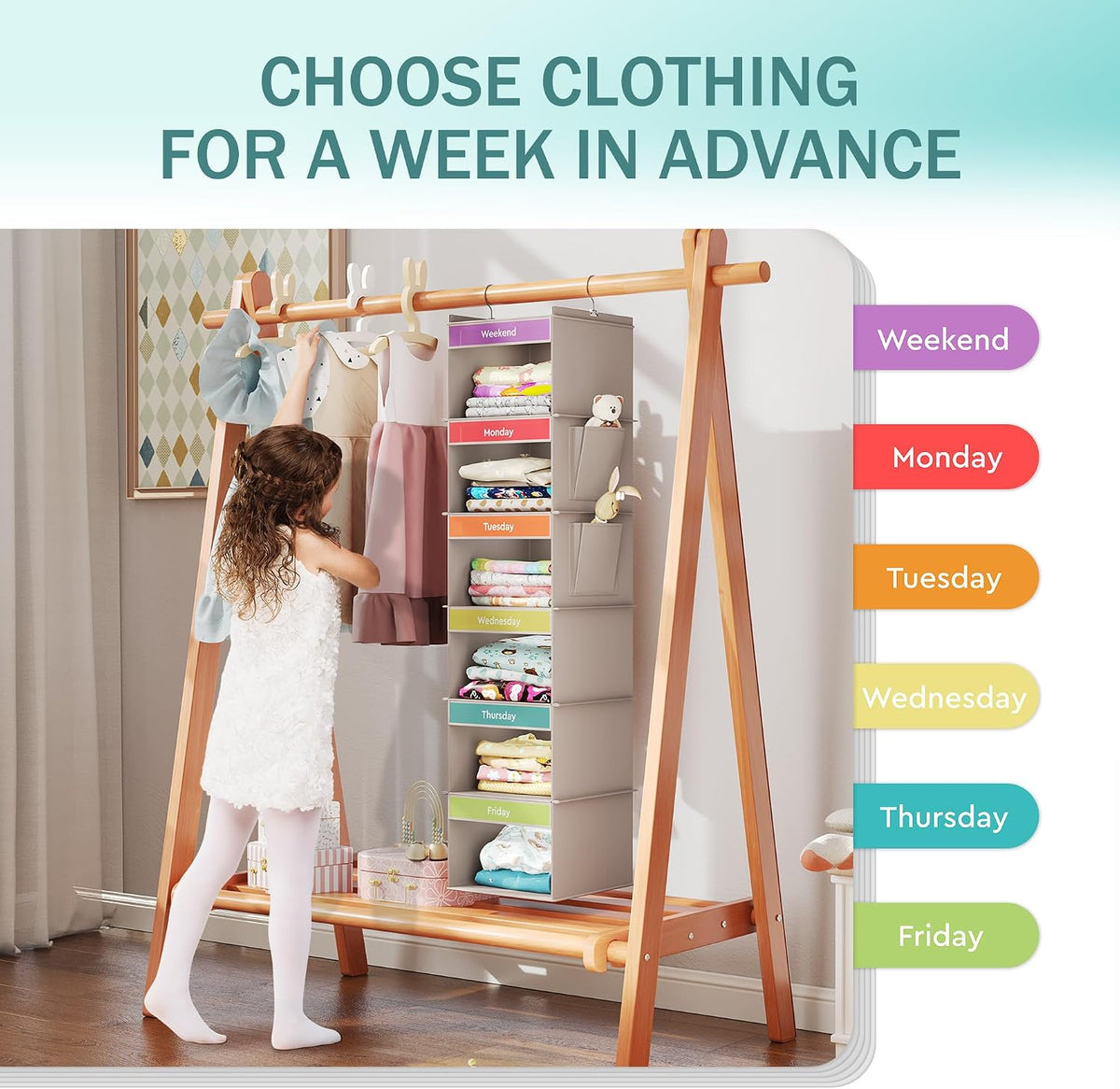 YOUDENOVA Weekly Clothes Organizer for Kids, Hanging Closet Organizer, Grey