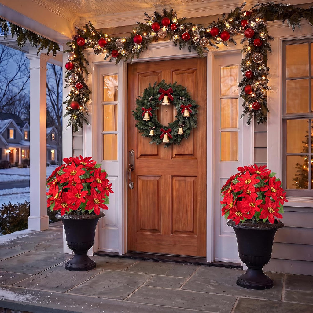 Artificial Christmas Poinsettia Flower Topiary Shrubs, Faux Greenery Ball Bush for Christmas Decoration,24.8" Fake Tree with Ground Spike,UV Resistant Plants for Front Porch Outdoor Decor,Set of 2