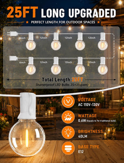25Ft LED String Lights Outdoor, G40 Globe Patio Lights