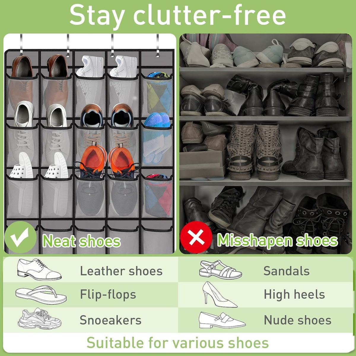 Meolsaek 24 Large Mesh Pockets Over the Door Shoe Organizer, White
