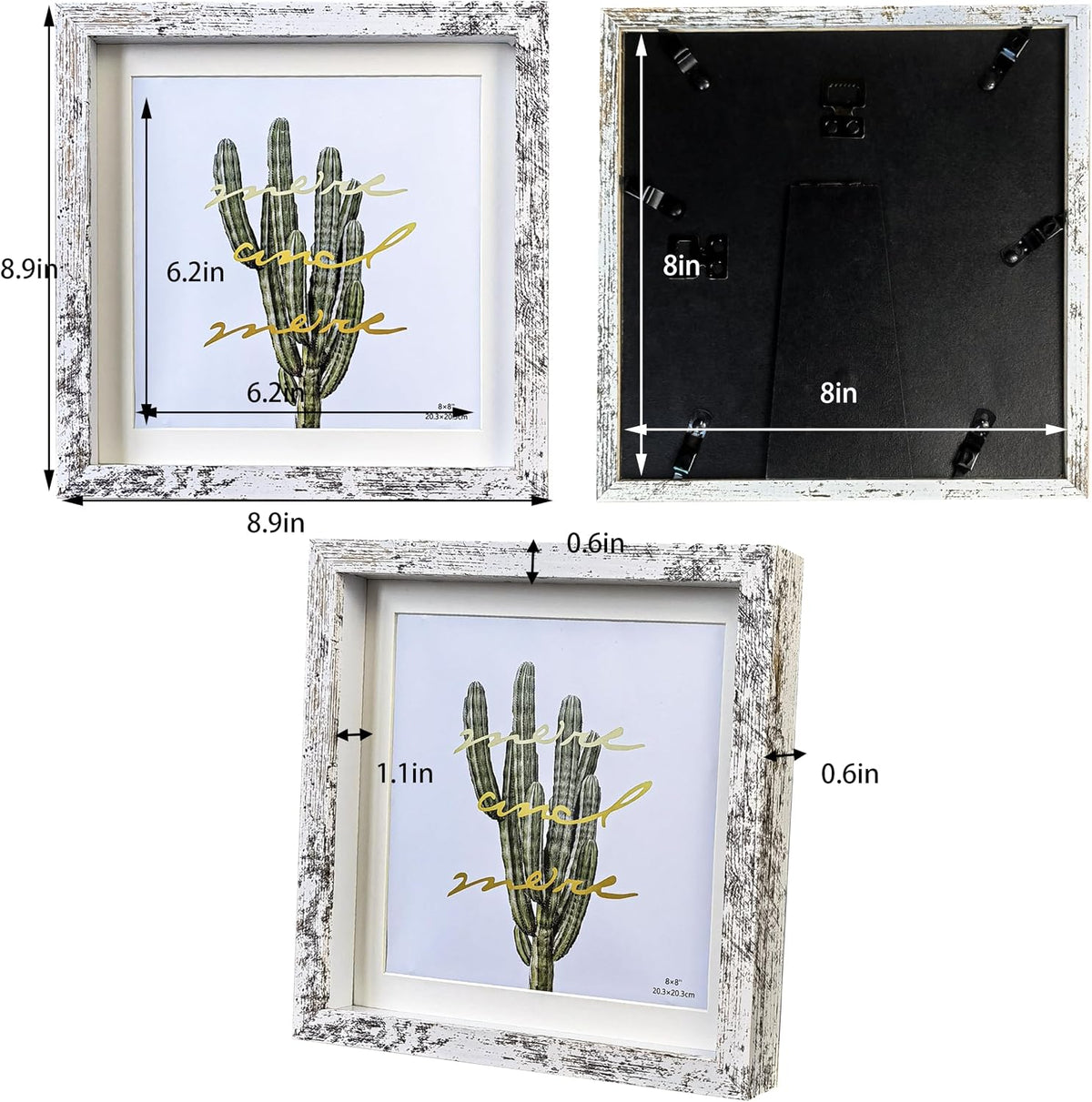 White 8x8 Shadow Box Frame Solid Wood Shadow Box Memory Display Case Glass Surface Internal Depth 0.6 inch for Wall or Tabletop（4 Pack）