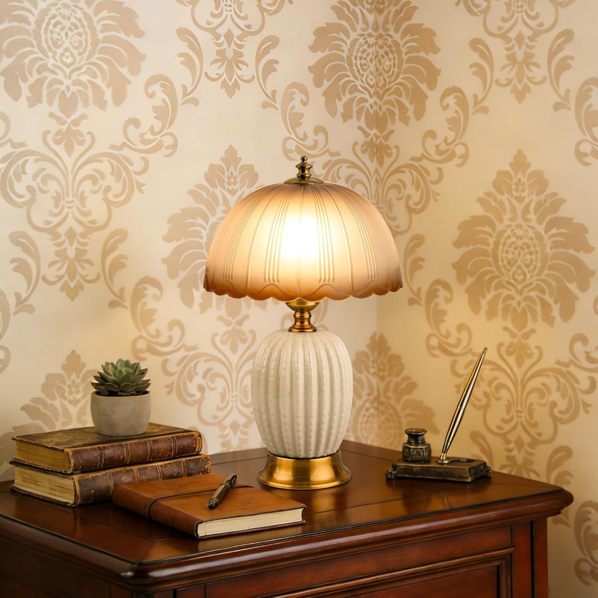 Vintage White Ceramic Cactus Small Table Lamp for Bedroom