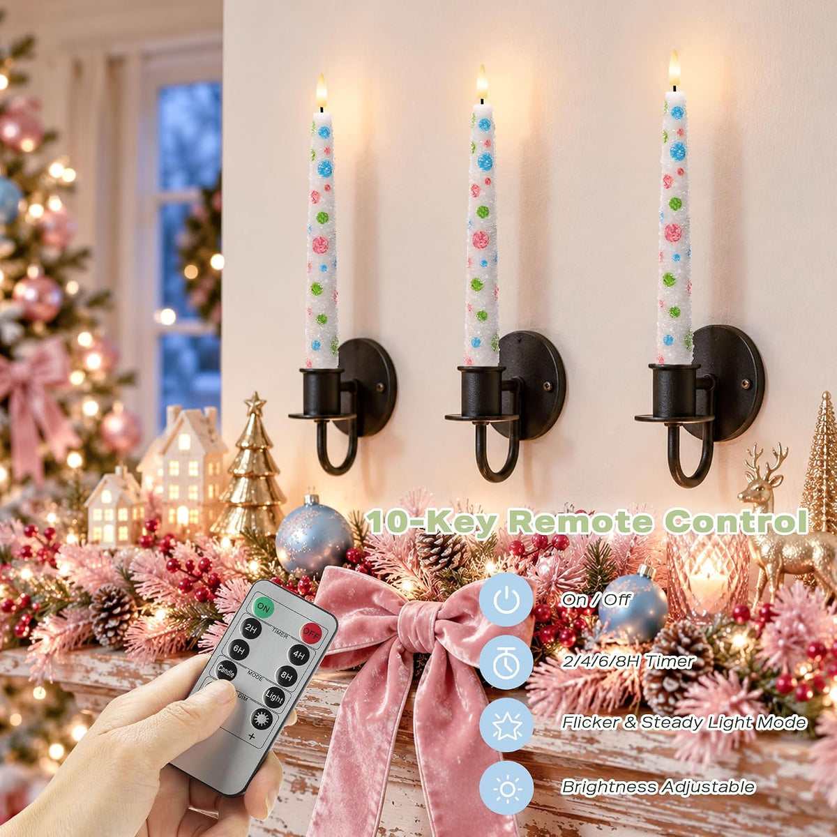 Pastel Dot Flameless Taper Candles with Remote, Set of 3, Christmas Decor