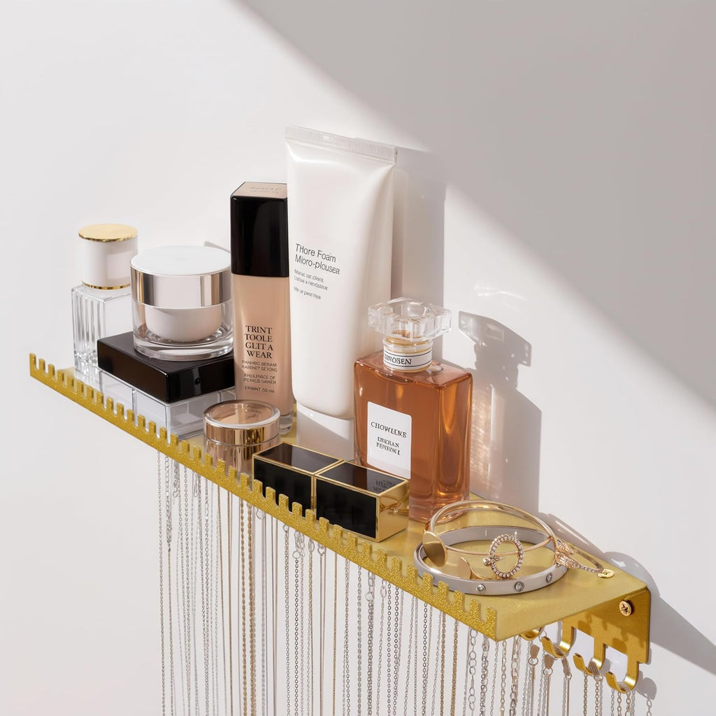Wall Mounted Necklace Holder with Shelf, Wall Jewelry Organizer, Gold