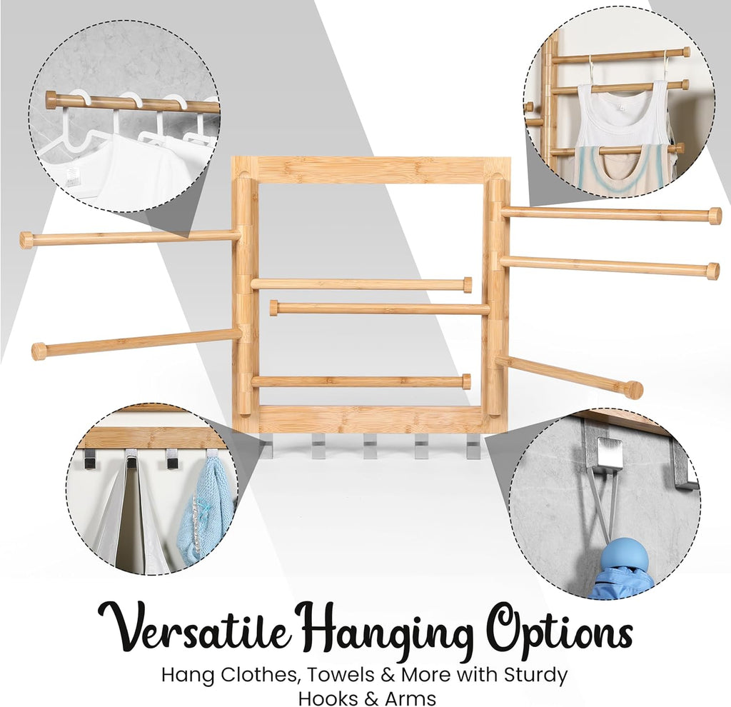 Wall Mounted Drying Rack - Clothes Drying Rack Wall Mounted for Laundry - 20 INCH - with 5 Hooks and 8 arms - 80 lbs Capacity - Natural Bamboo