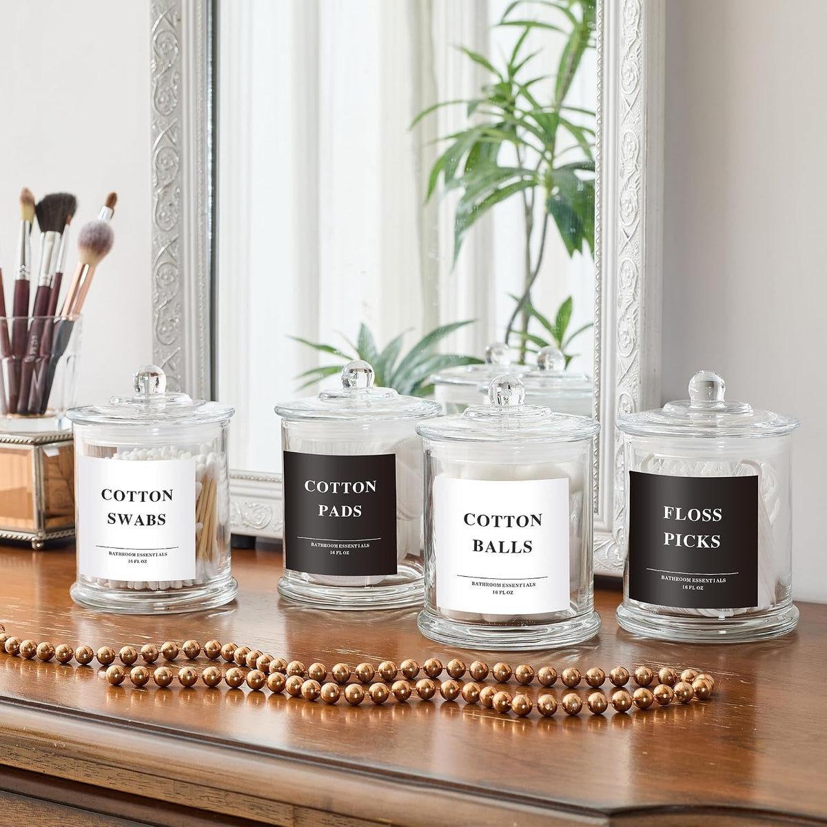 LEORAY 4 Pack Glass Qtip Holder Dispenser with Lids, Airtight Waterproof Apothecary Jars, 16 Oz Vanity Organizer Bathroom Canisters for Cotton Swabs, Balls, Pads, Floss Picks, Transparent