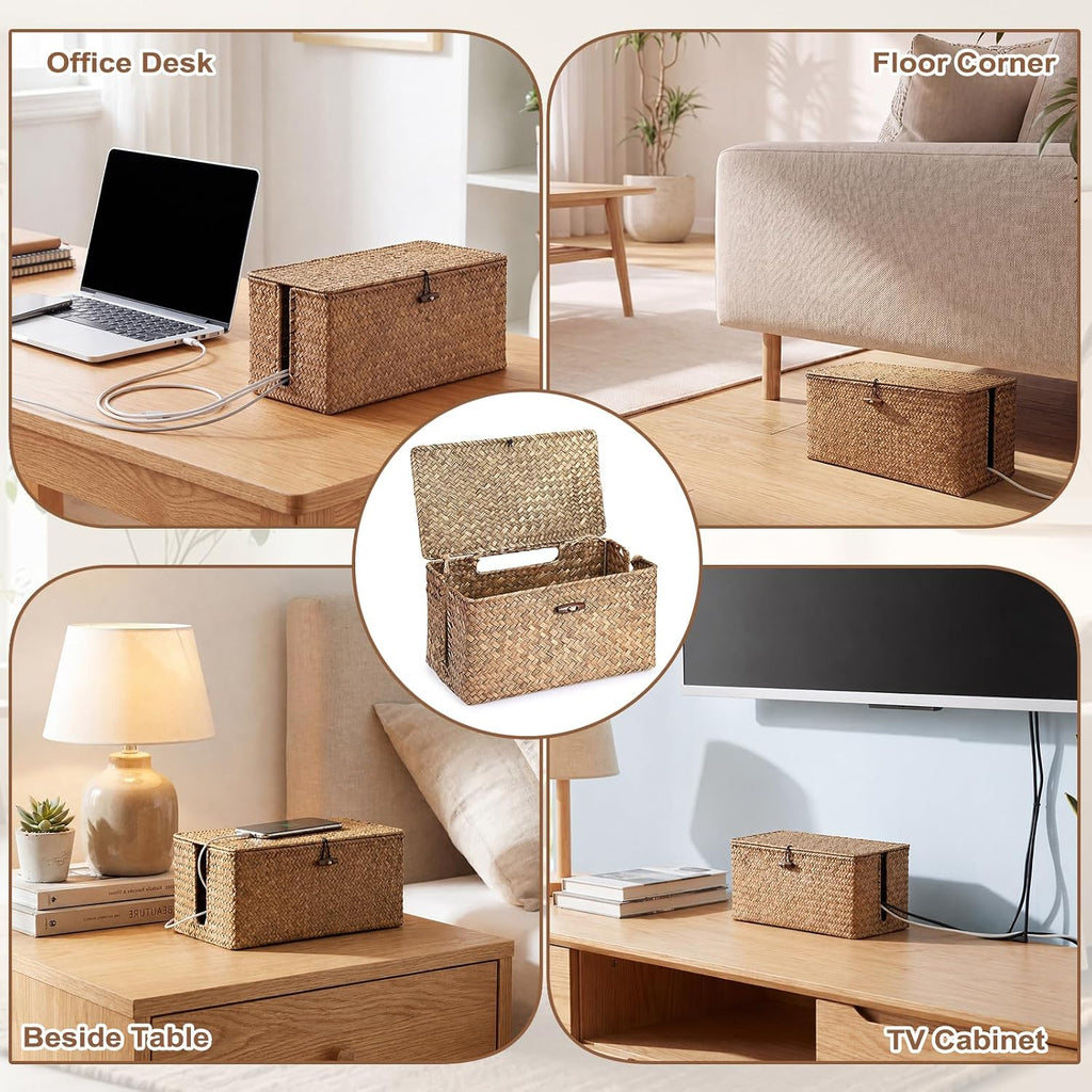 BTSKY Woven Cable Management Box with Lid, Seagrass Cord Organizer with 2 Open Slots for Power Strips & USB Hubs, Under Desk Cord Hider Box for Home Office, Pet Proofing Wire Basket, Small