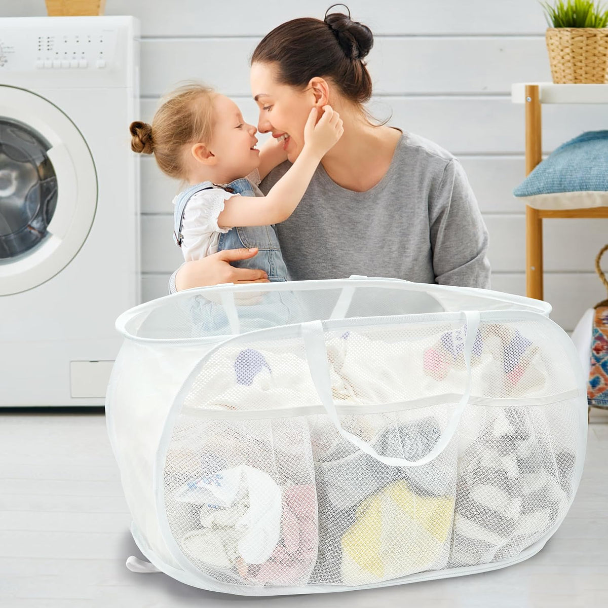 Collapsible Laundry Baskets, Upgrade Pop Up Laundry Hamper with Convenient Bags, Foldable Laundry Basket Mesh Light Weight, Easy to Carry Clothes Hampers for Laundry, Dorm, Toys, Travel White