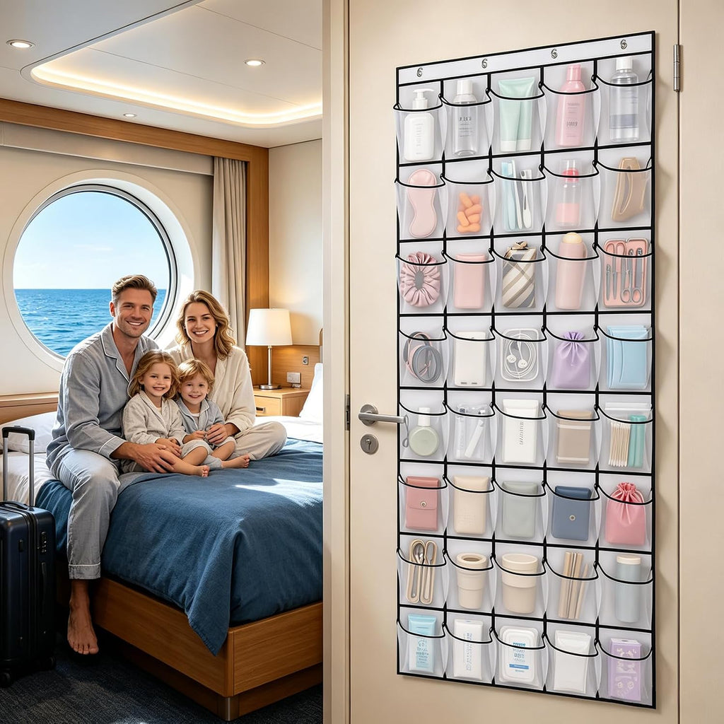 Cruise Ship Magnetic Door Organizer, 40 Pockets Over The Door Cruise Cabin Storage Shoe Rack with and 4 Strong Anti Scratch Magnets Carry Bag for 2026 Cruise Essentials Travel Organization