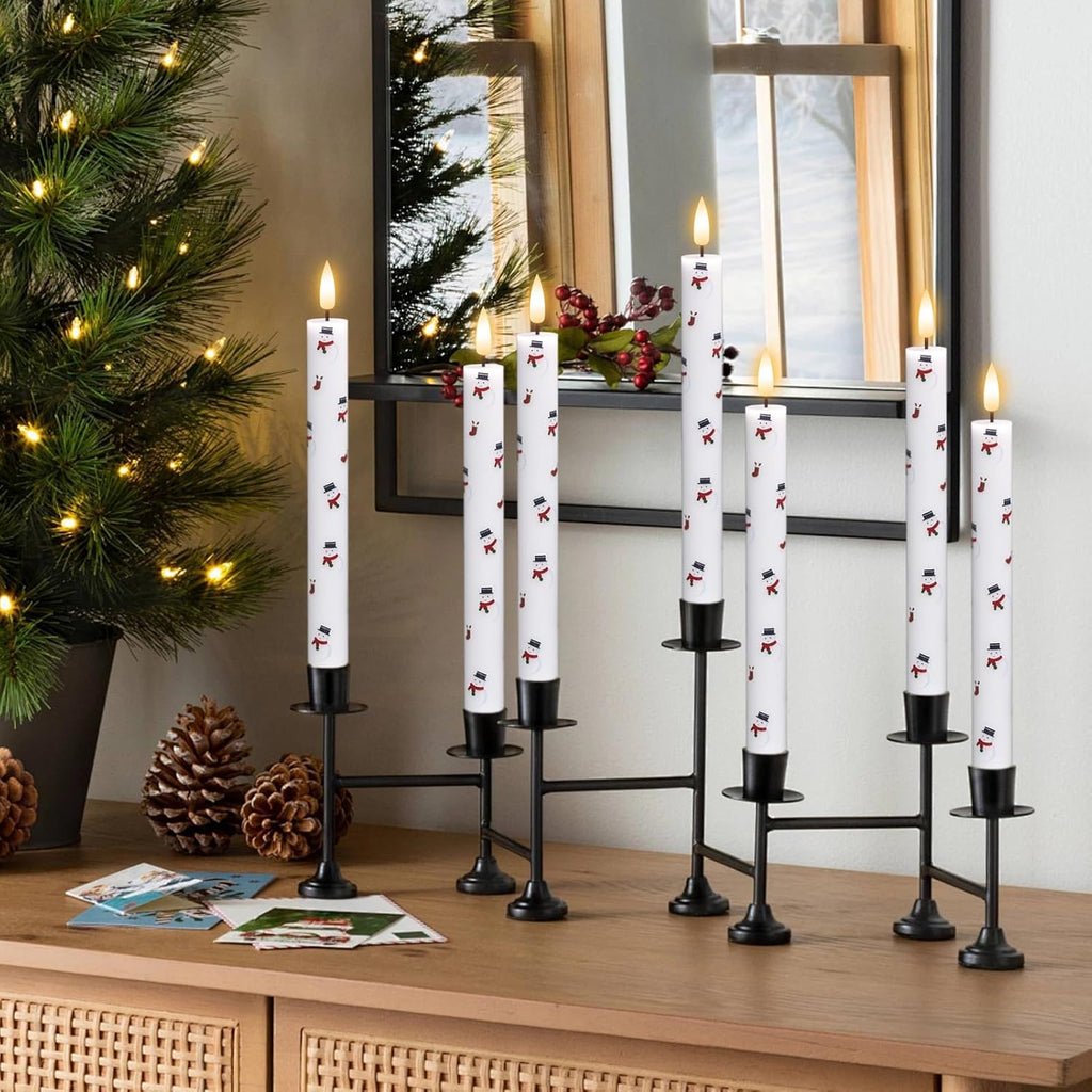 GenSwin Christmas Taper Candles with Snowman Decals, 4 Pack LED Taper Candles with Timer, Real Wax Flickering LED Flickering Flameless Candlesticks with Christmas Prints for Home Decor(0.78” x 9.6”)