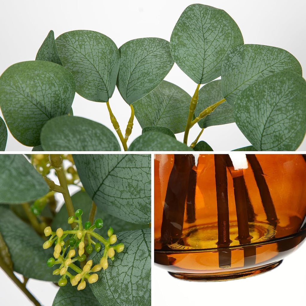 DILATATA Artificial Eucalyptus Stems in Glass Vase with Faux Water, 13" Fake Plant Eucalyptus Leaves Greenery for Table Centerpiece Office Home Decor - Amber