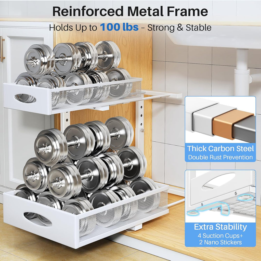 Under Sink Organizer, 2 Pack 2 Tier Pull Out Under Cabinet Organizer Shelf with Pad for Framed Cabinets, Metal Slide Out Under Sink Storage, Mesh Sliding Drawers for Kitchen Bathroom Laundry, White