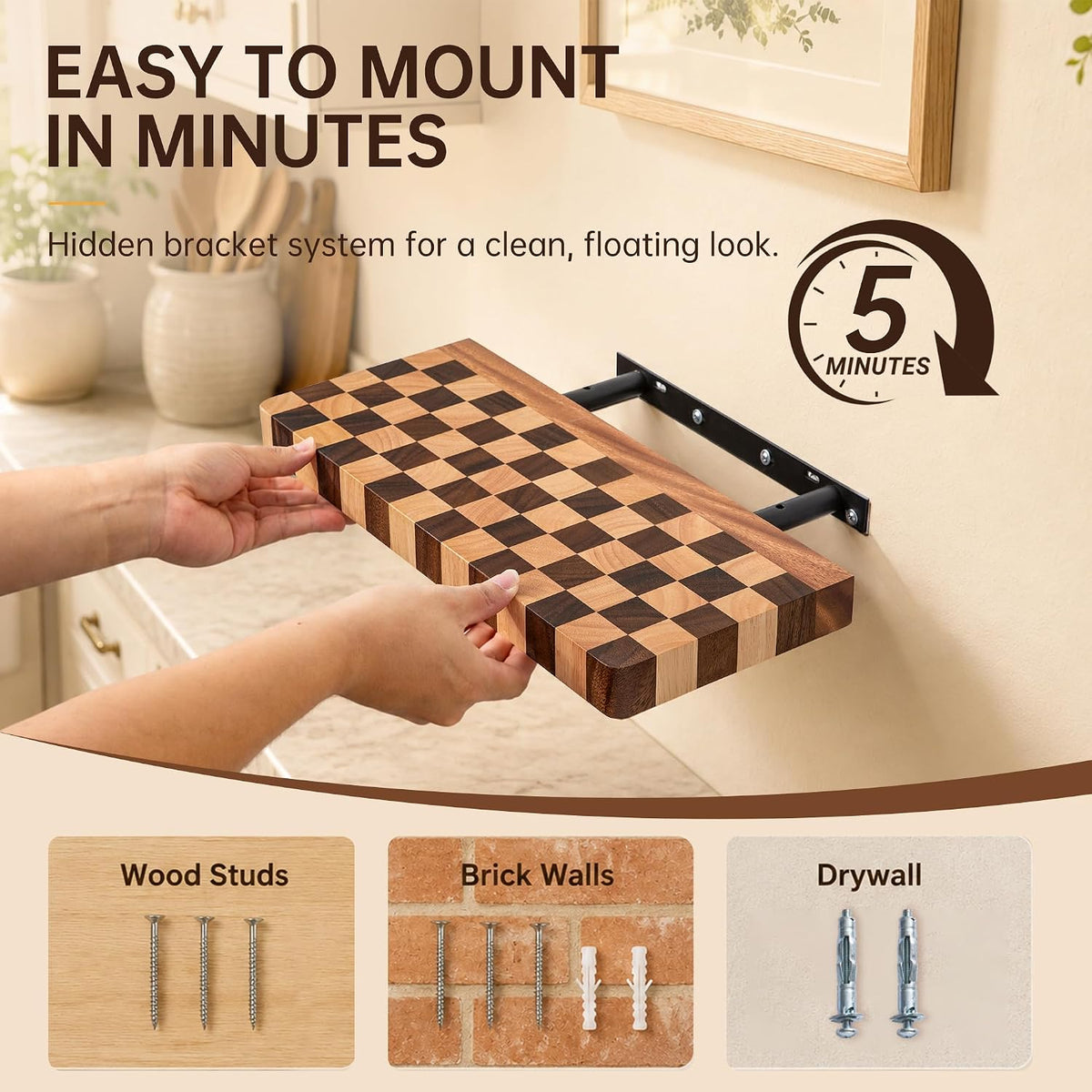 Floating Shelves for Wall, 16 Inch Solid Wood Checkered Wall Shelves