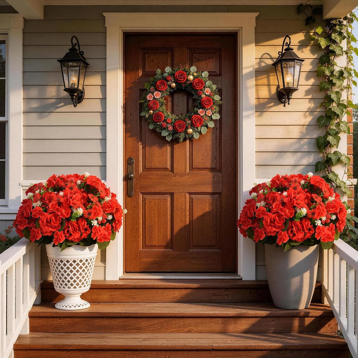 Olatay 12 Bundles Mixed Color Artificial Flowers for Outdoor, Artificial Geraniums Flowers for Outdoor, UV-Resistant Fake Geraniums for Porch, Balcony, Garden, Indoor Decoration (Red)