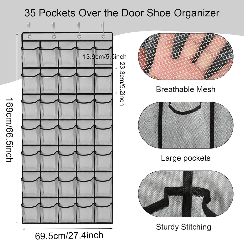 35 Pockets Over The Door Shoe Organizer, Large Breathable Mesh Hanging Shoe Rack with 4 Metal Hooks, Space Saving Gray Over Door Shoe Storage Holder Mesh Bag for Closet Entryway Bedroom Pantry