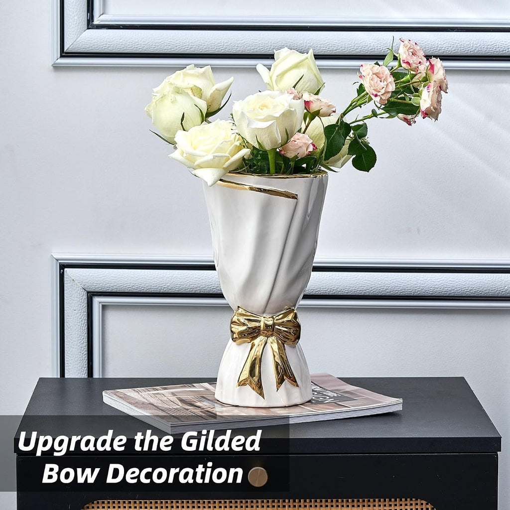 White and Gold Vase, Bow Vase for Home Decor
