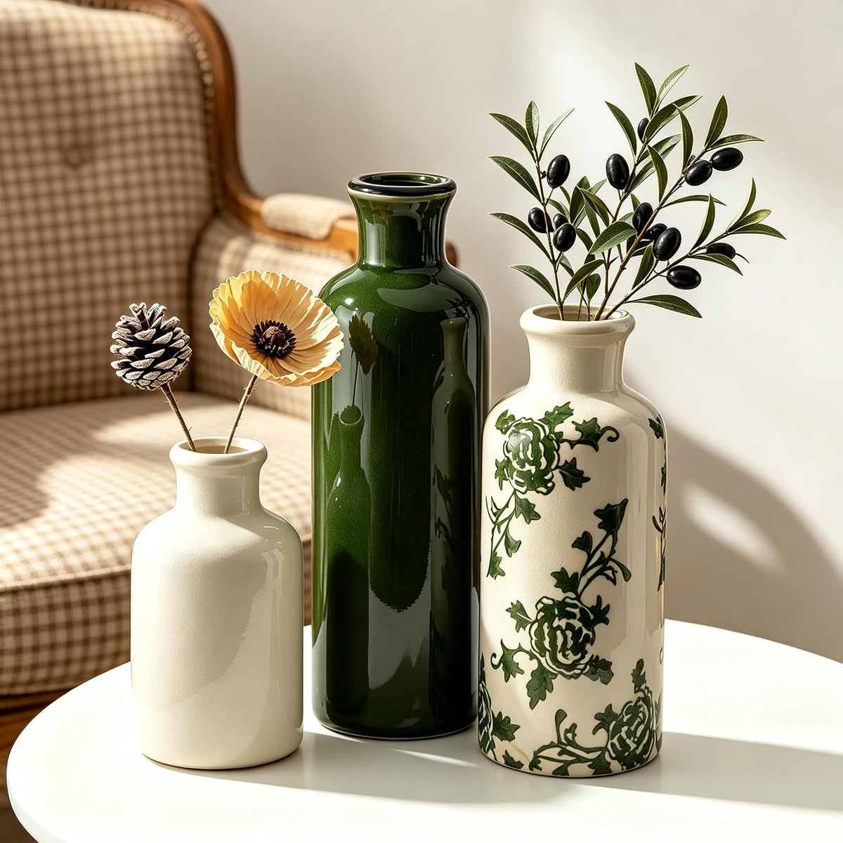 Ceramic Vintage Vase Set of 3, Green and White Crackle Glaze, Chinoiserie Floral Decor for Farmhouse Shelf, Table Centerpiece, Mantel, Living Room & Office