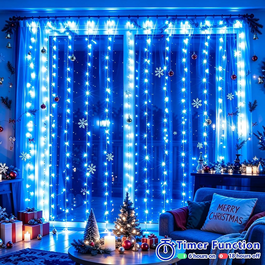 YEGUO 300 LED Blue Christmas Lights, Curtain Lights Plug in, 8 Modes Hanging String Lights for Bedroom Wall Window Backdrop Indoor Outdoor Party Xmas Decorations-9.8x9.8ft