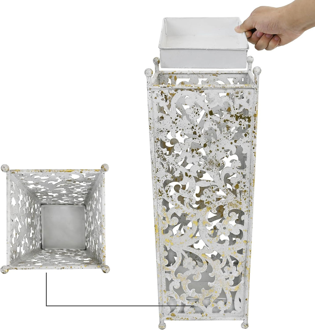 Vintage White Metal Umbrella Holder with Ornate Cutout Pattern Antique Decorative Umbrella Stand with Detachable Drip Tray for Entryway Storage Umbrellas Canes & Walking Sticks (White)