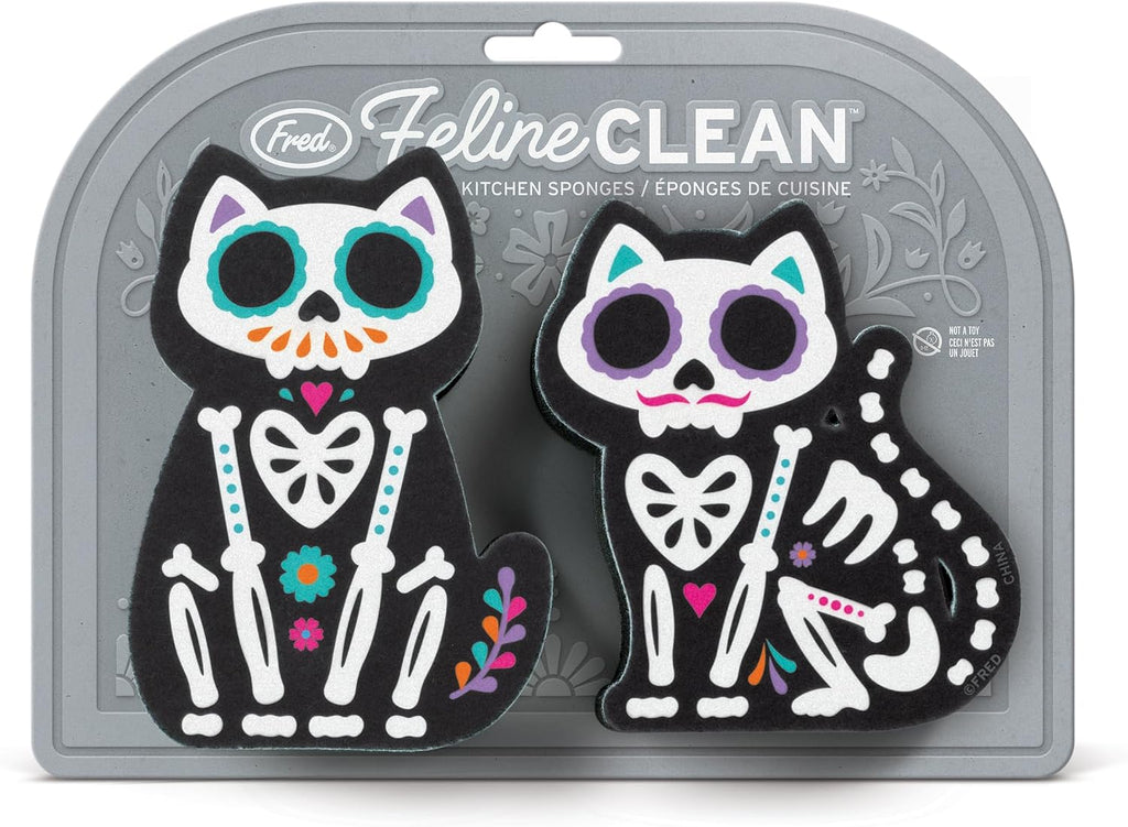 Genuine Fred Feline Clean Kitchen Sponges, Set of 2, Day of the Dead-Inspired Cat-Shaped Sponges, Fun and Quirky Kitchen Accessory