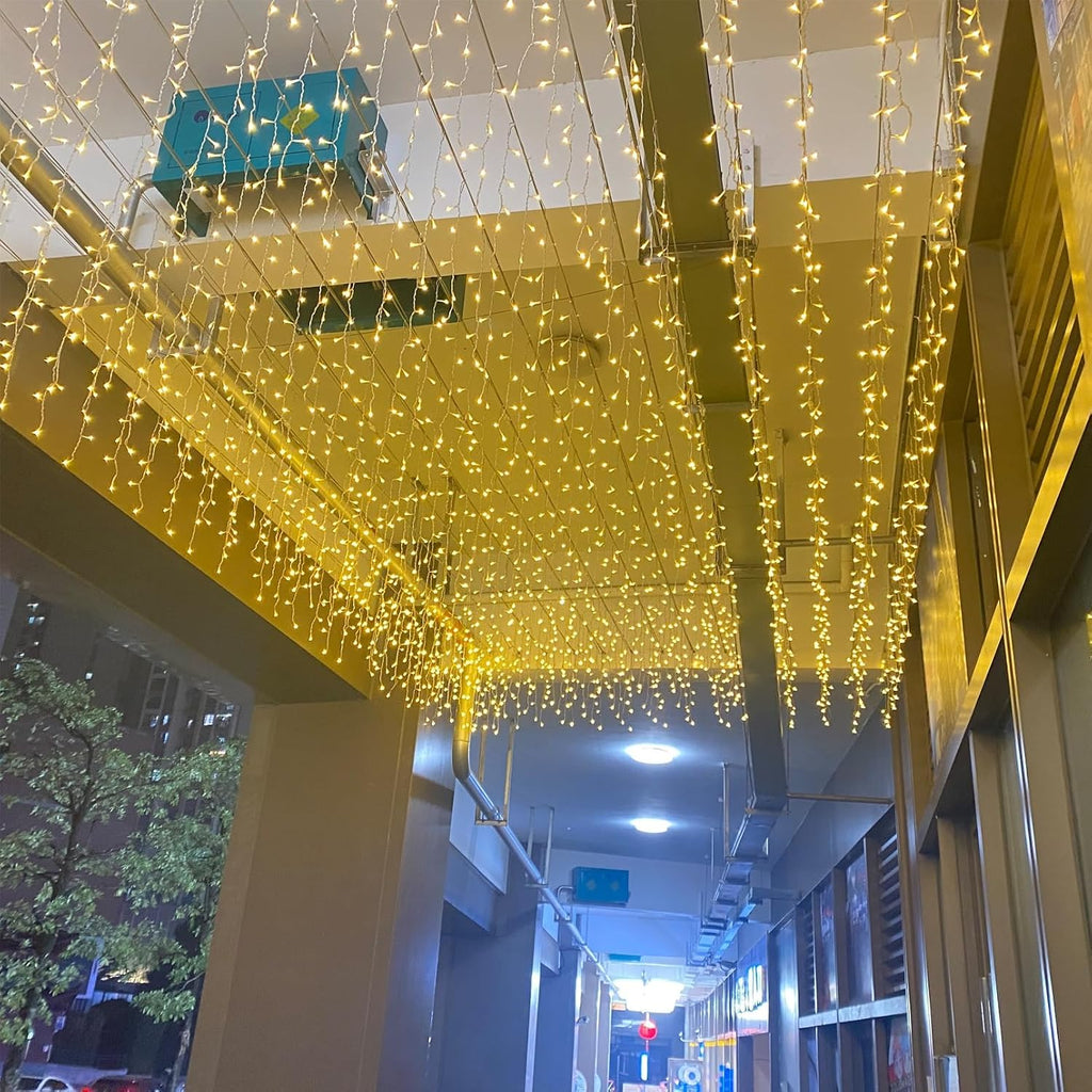 LED Ceiling Icicle Lights, 16.4FT 112 LEDs 8 Modes Twinkle Christmas Hanging Fairy String Horizontal Curtain Lights for Parties Mall Patio Yard Indoor Outdoor Decoration Warm White, 5M04