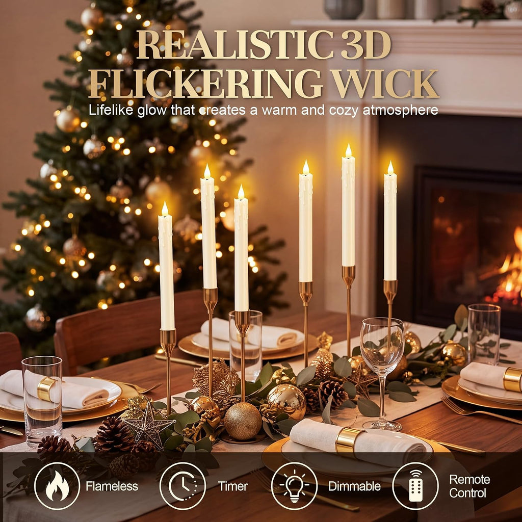 Enhon 6 Pack Flameless Taper Candles with Remote & Batteries, 10" Ivory LED Candle Sticks, 3D Wick & Wax Drip Design, 624+ Hour Battery Operated Candles for Home, Wedding & Christmas Decor