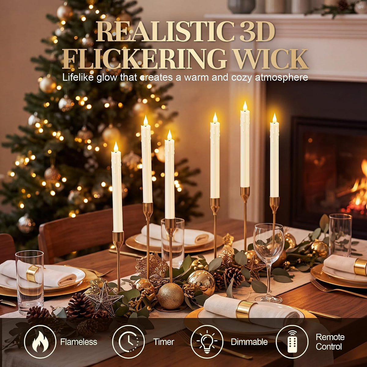 Enhon 6 Pack Flameless Taper Candles with Remote & Batteries, 10" Ivory LED Candle Sticks, 3D Wick & Wax Drip Design, 624+ Hour Battery Operated Candles for Home, Wedding & Christmas Decor