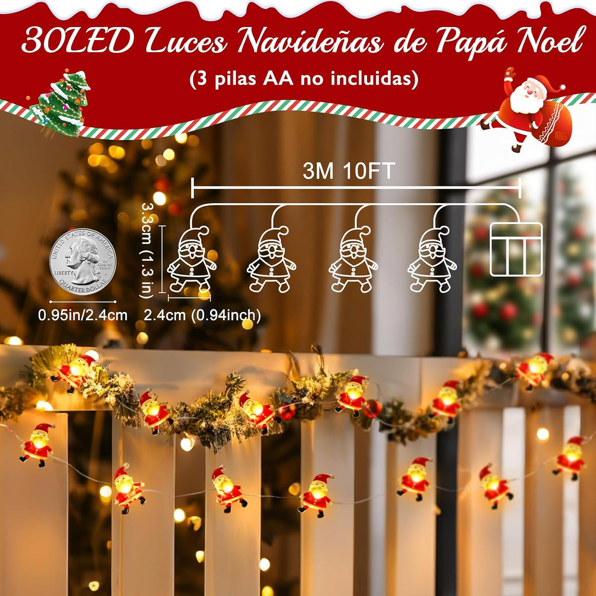 Coquimbo Christmas Decorations Indoor Lights, 10FT 30 LED Christmas Santa Claus Fairy String Lights Battery Operated for Xmas Tree Party Festive Holiday Cute Room Decor