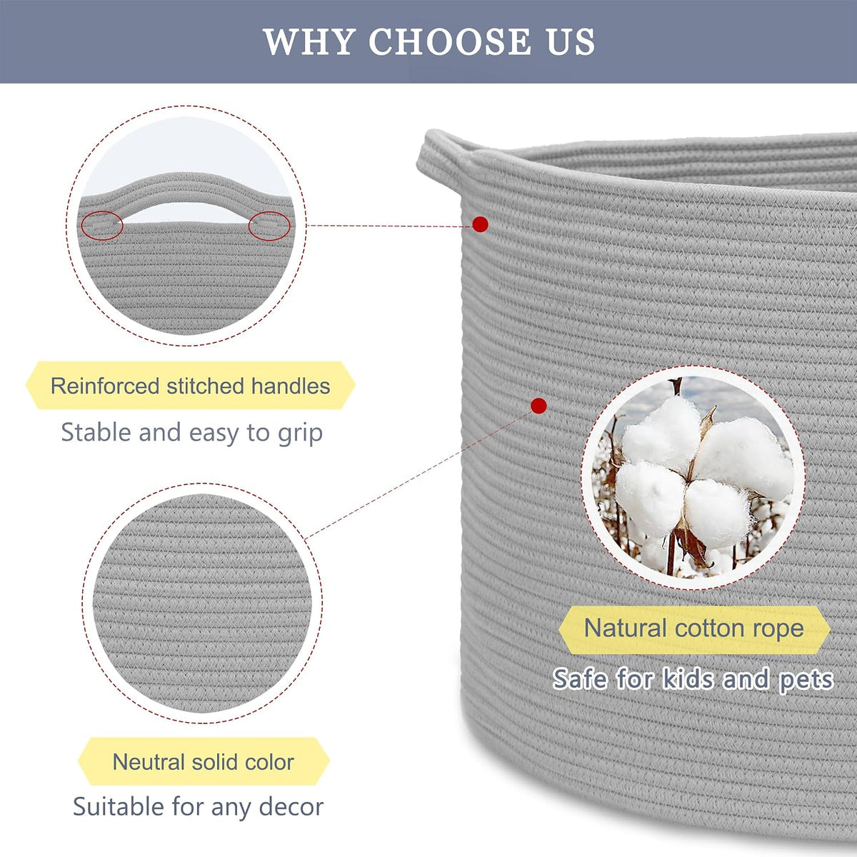 Cotton Rope Basket for Boys Kids, 87L Laundry Hamper, Light Gray