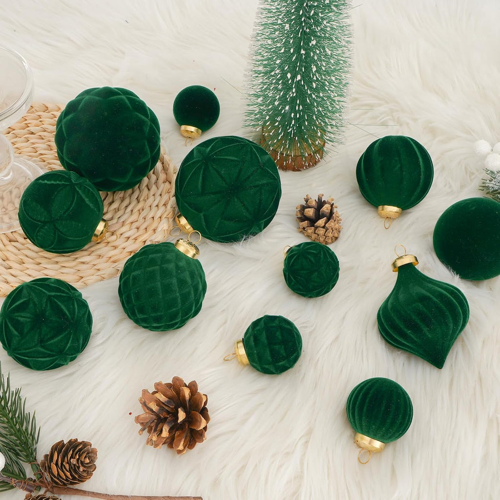 46PCS Velvet Christmas Ball Ornaments Set, Flocked Shatterproof Xmas Tree Decor, Assorted Hanging Ornaments with Loop for Holiday Home Decor, Christmas Tree, Mantel, Party Decoration (Dark Green)