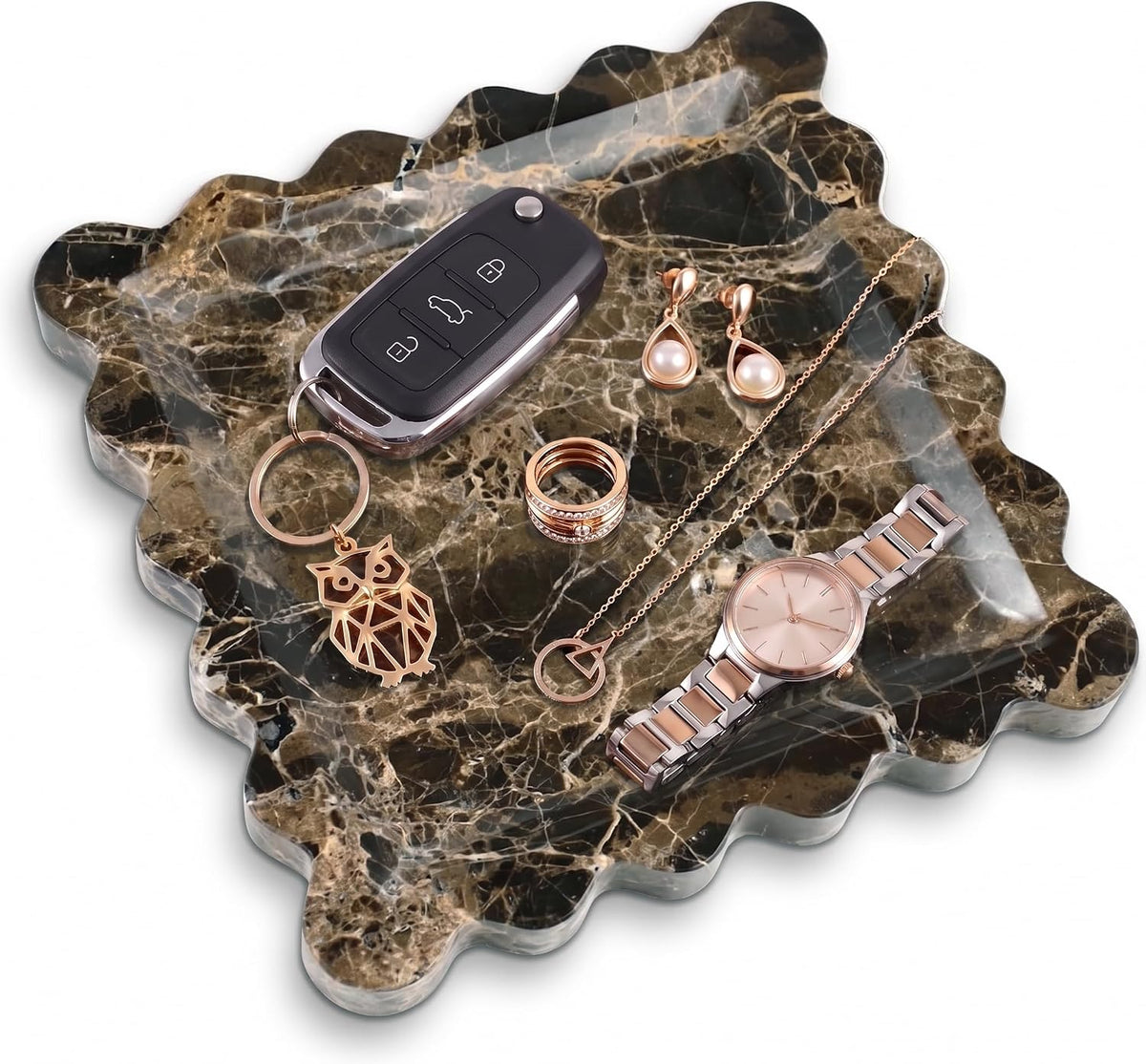 Scalloped Square Marble Decorative Tray, Natural Stone Vanity & Jewelry Tray, Trinket Organizer for Ring, Key, Dresser, Nightstand, Bathroom Counter & Kitchen Sink(Dark Brown Net)