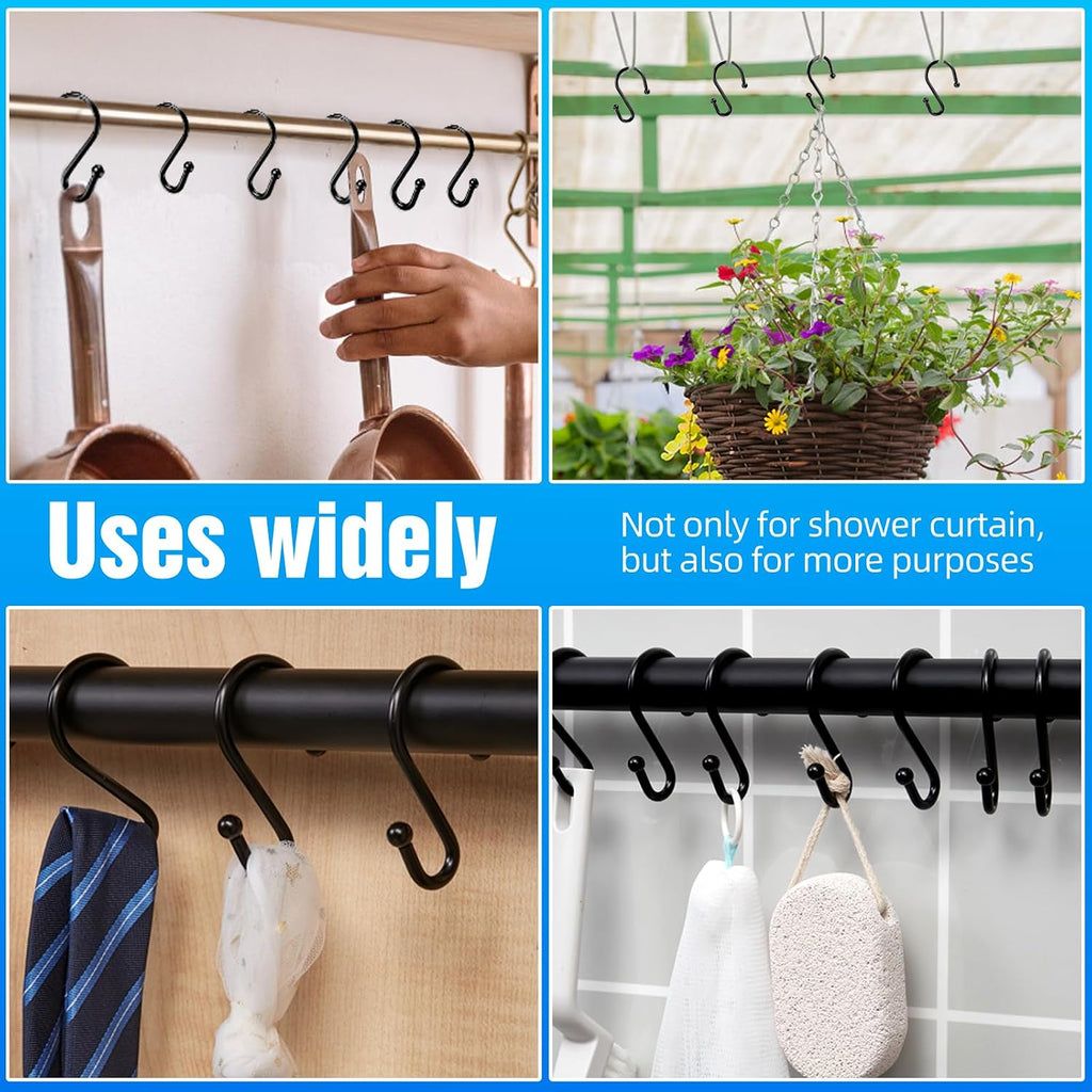 Shower Curtain Hooks, Metal Shower Hooks for Shower Curtain Rod, Rust Proof Metal Shower Curtain Rings, Decorative S Shower Hook (Black)