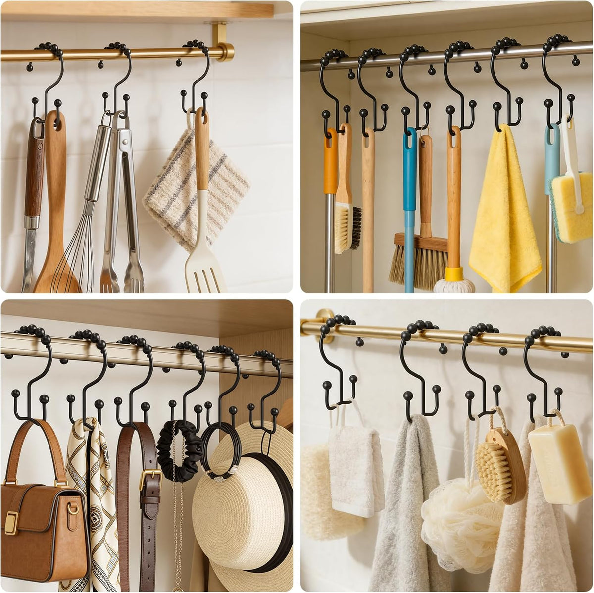 Shower Curtain Hooks Rings, Rust Proof Stainless Steel Shower Curtain Hooks Double Sided for Bathroom Shower Rods Curtains, Set of 12, Black