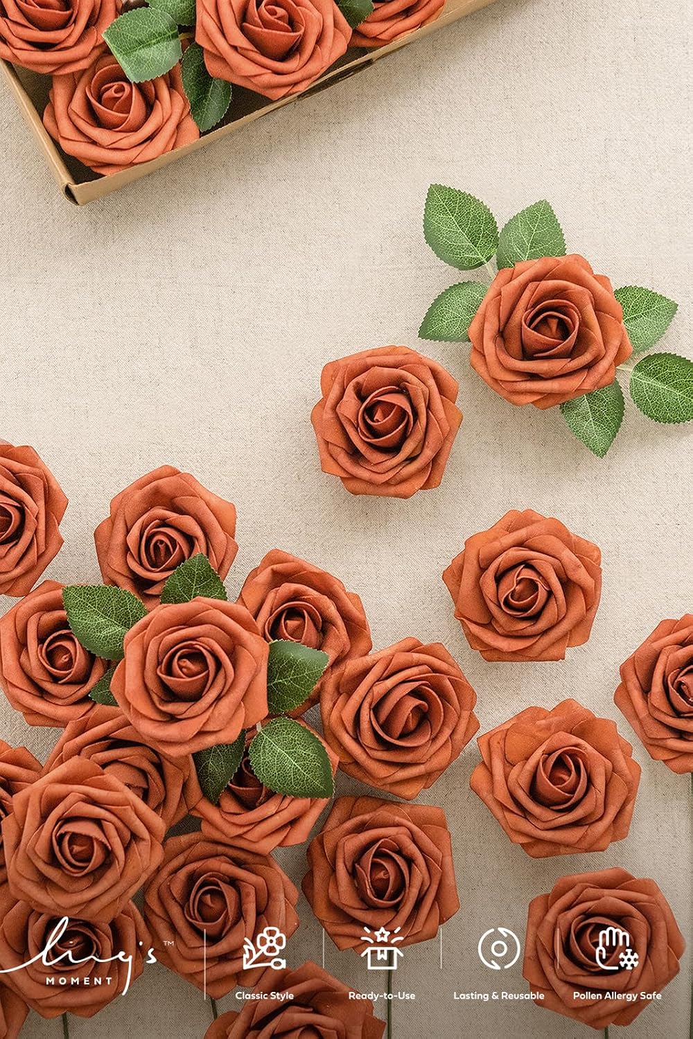 Ling's moment Artificial Flowers 25Pcs Burnt Orange Roses Decor w/Stems