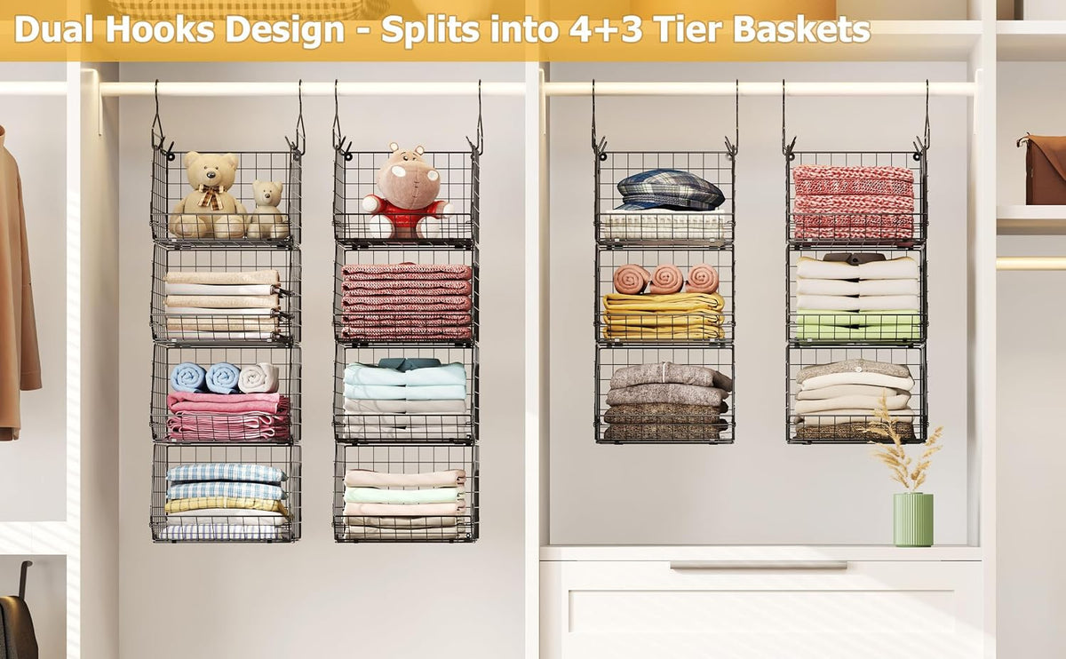 X-cosrack 7 Tier Foldable Hanging Closet Organizer and Storage,Wire Closet Shelving with 4 Large Hooks+ 5 S Hooks,Hanging Basket for Clothes Sweaters Shoes Handbags,Small Closet Organizers