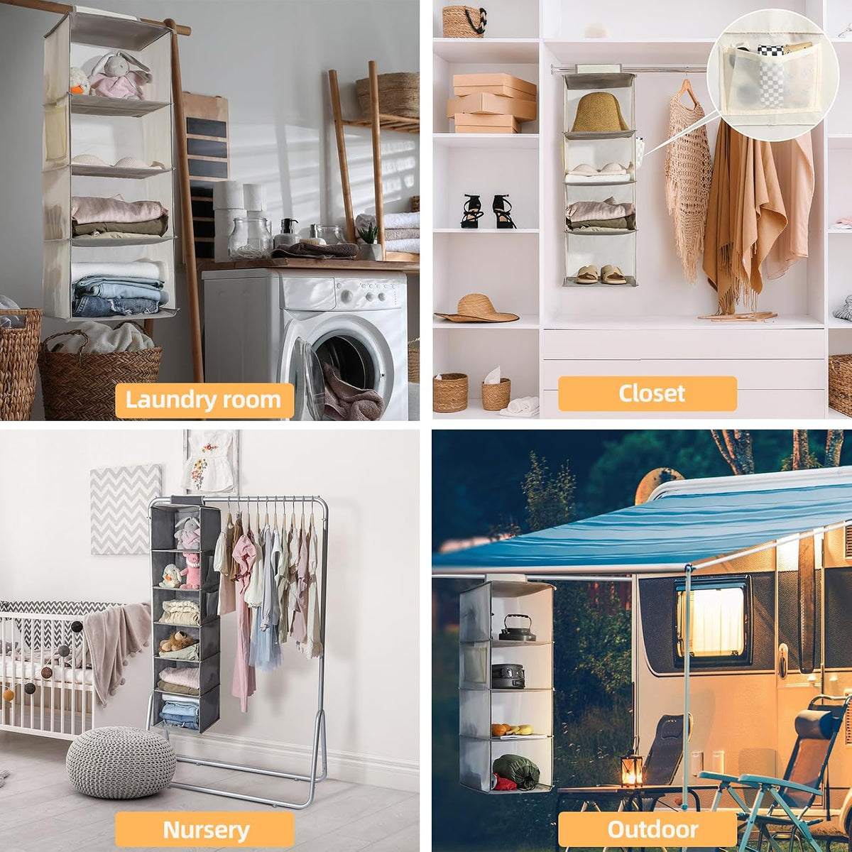 2 Packs Hanging Closet Organizer Storage, 3-Shelf Hanging Shelves for Closet, Closet Clothes Organizer and Storage with Side Pocket, Beige